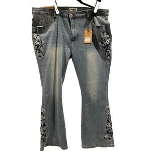 NWT VIP Honey Jeans with Blue Embroidered Flowers Flare Boho Hippie Women’s 5XL